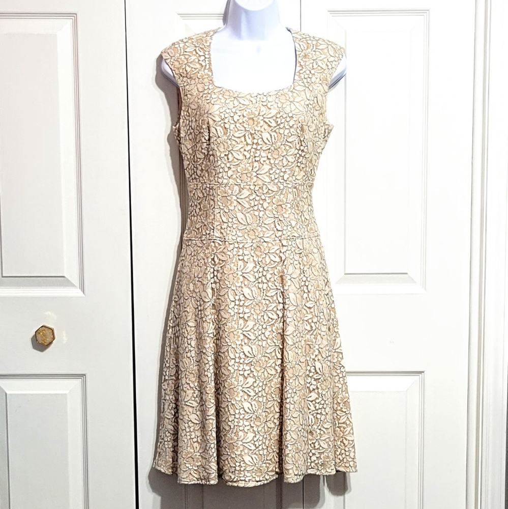 Antonio Melani Cream Tan Dress Floral Lace Flair Neutral Flowey